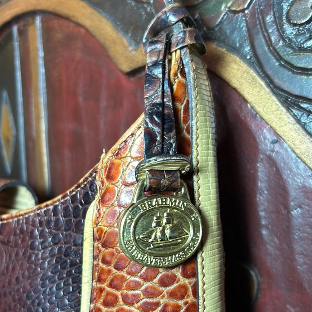 Brahmin Leather Bag Tricolor w Melbourne Croc Magnetic Snap Flap 10”x9.5”x3.5” - Picture 3 of 17